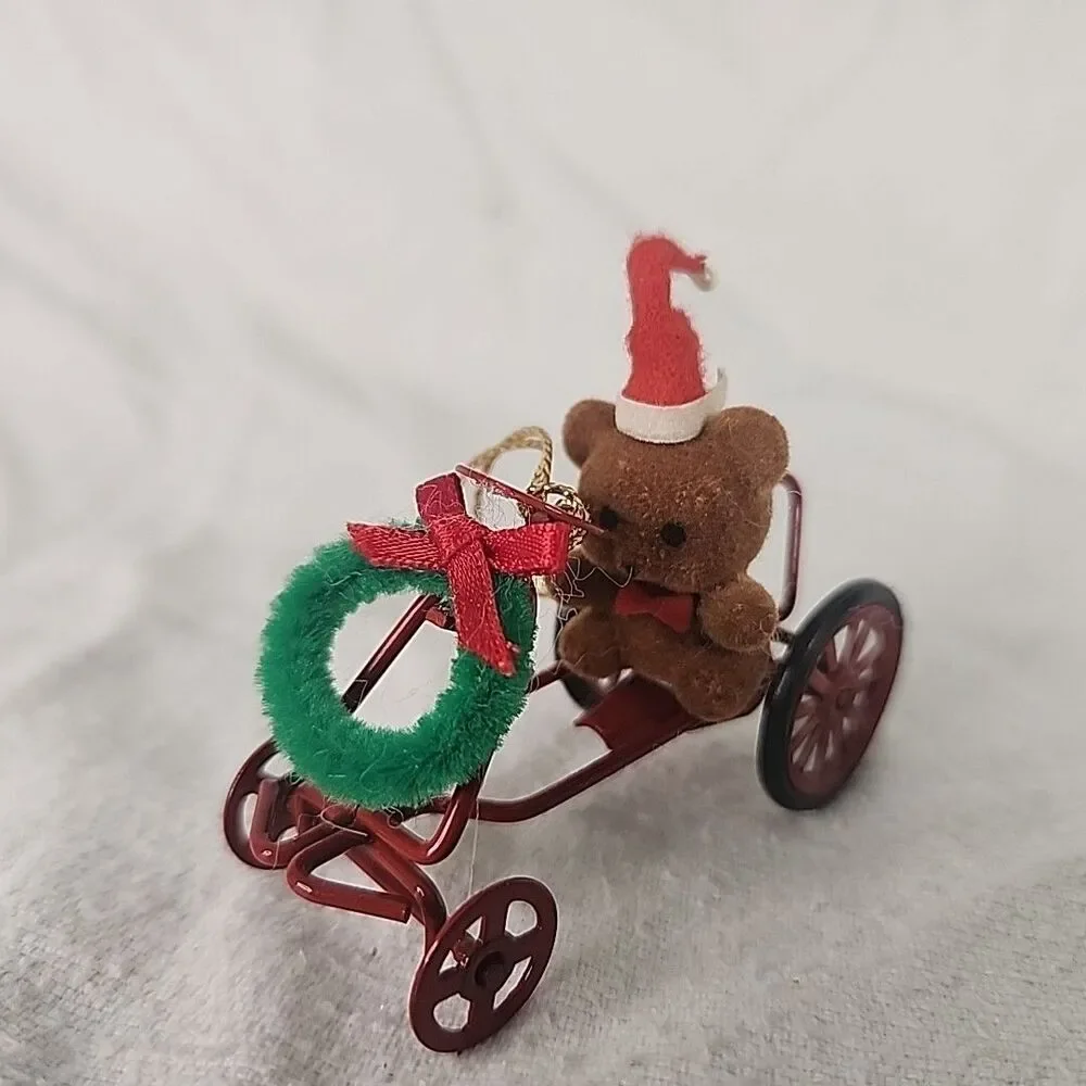 Red Metal Ornament Car With Flocked Teddy Bear & Wreath 1980’s Avon Vintage